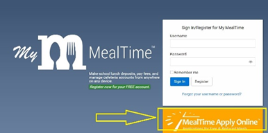 My Mealtime logo and login screen from website 